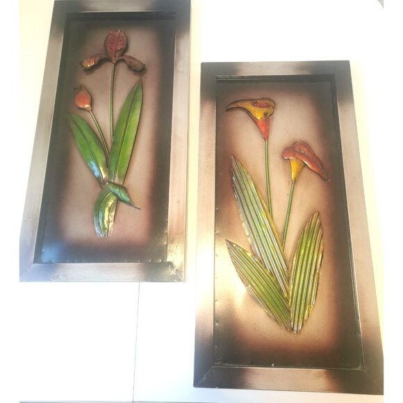 Vintage Steel Flower Wall Art - 1960s Floral Metal Art Panels - Picture 2 of 7